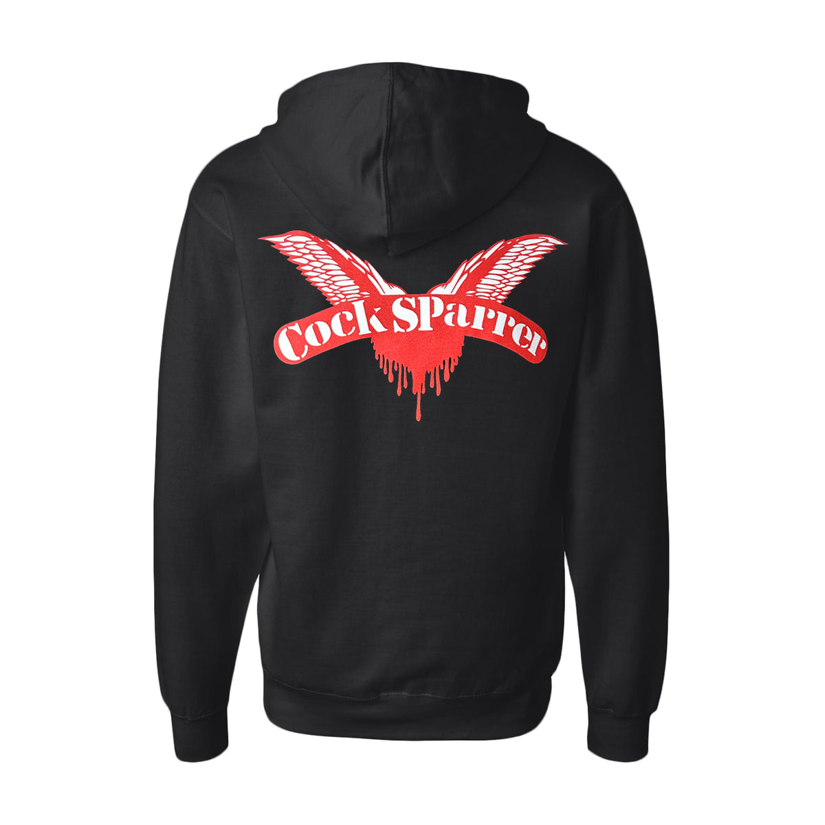 Black Cock Sparrer hoodie featuring a bold red wings logo and band name on the back, finished with a dripping effect for extra edge.