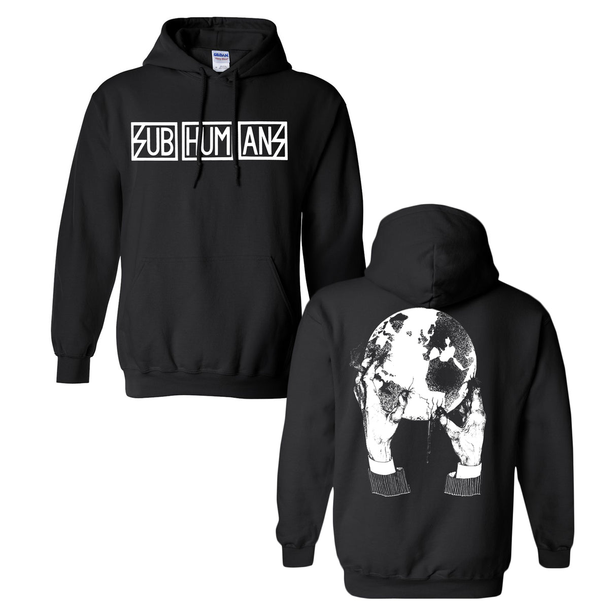 Black pullover hoodie by Subhumans shown front and back. Front displays &quot;SUBHUMANS&quot; in bold white letters; back features a striking white graphic of hands holding a cracked, distressed globe.