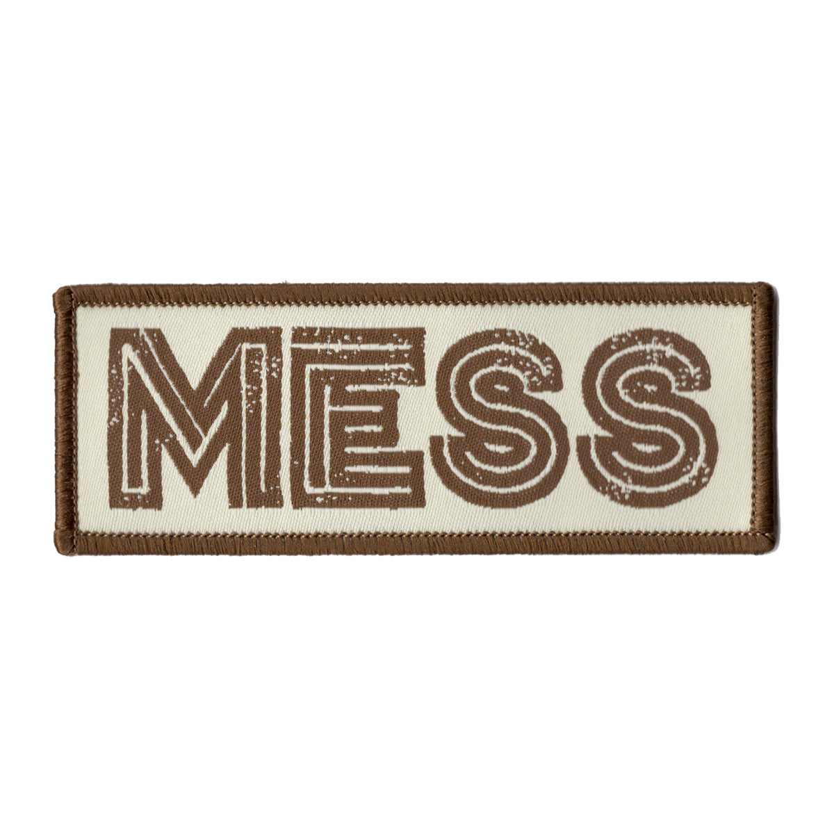 A rectangular woven Mess patch with a brown border and bold, textured brown MESS lettering on a beige background—ideal as a logo patch for jackets or bags.