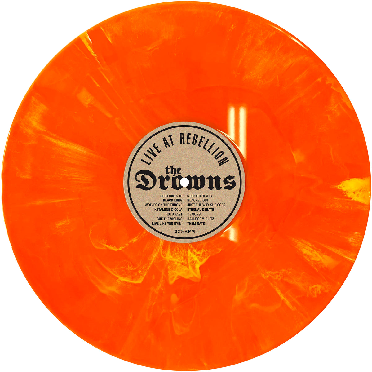 The Drowns’ Live at Rebellion album comes on a vibrant orange marbled vinyl, with a center label displaying the Rebellion Festival name, track list, and 33 1/3 RPM.