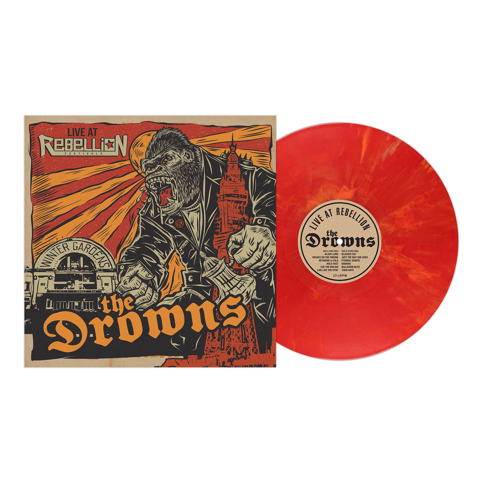 Album cover and red-orange vinyl from The Drowns Live at Rebellion. Artwork features an angry gorilla in a leather jacket rampaging through a city with a bold yellow and red background.