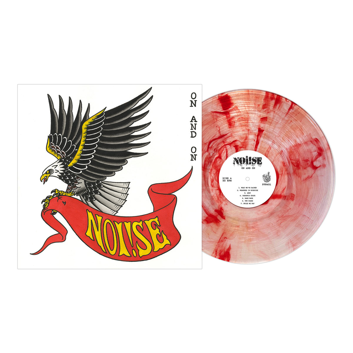 NOi!SE streetpunk vinyl from Pirates Press Records with a red and white marbled pattern, shown next to its cover featuring an illustrated eagle holding a red “NOi!SE” banner and “ON AND ON” written along the right side.