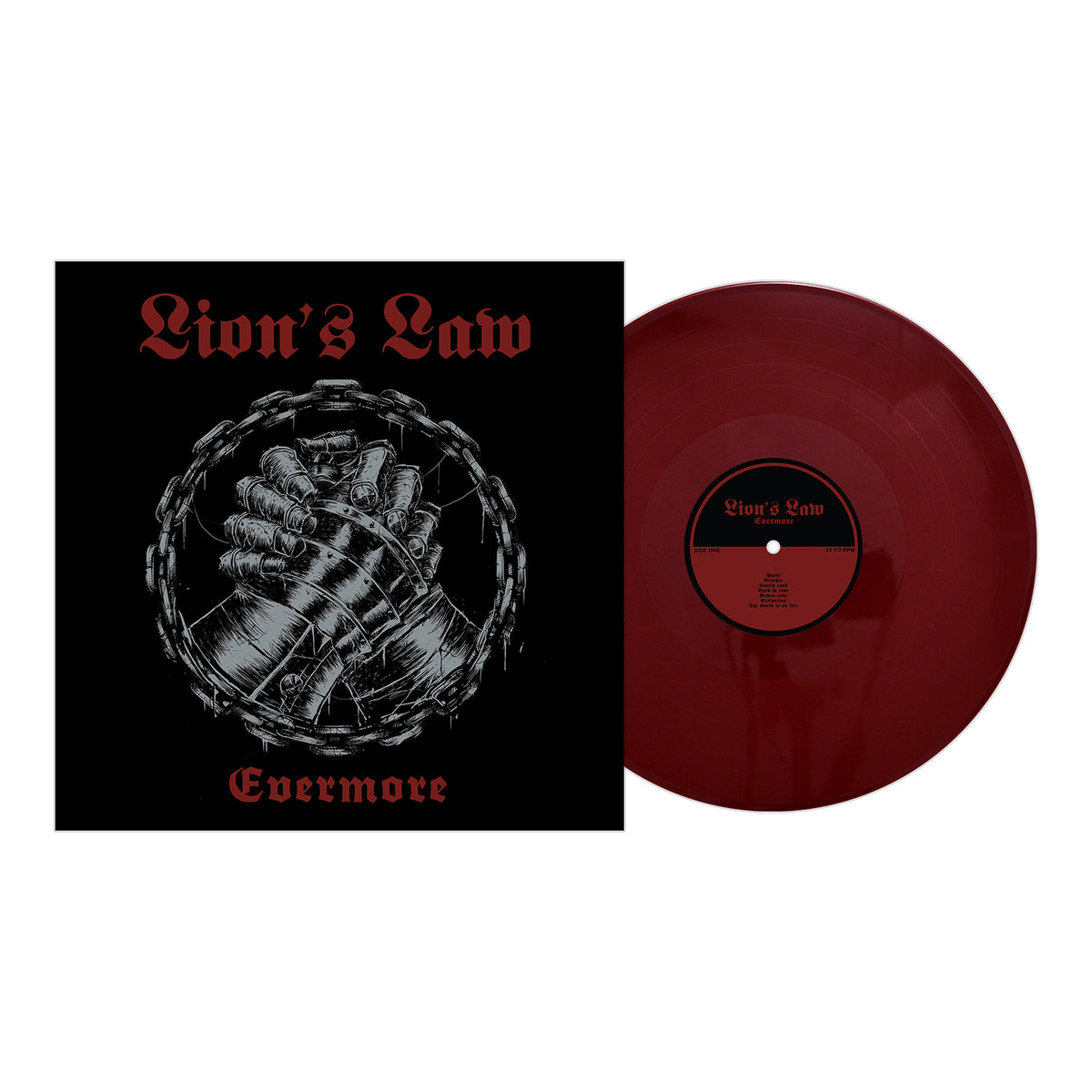 A dark red vinyl record by Lions Law. The cover shows two armored hands clasped amid barbed wire, with the band name in red Old English font and the album title Evermore below.
