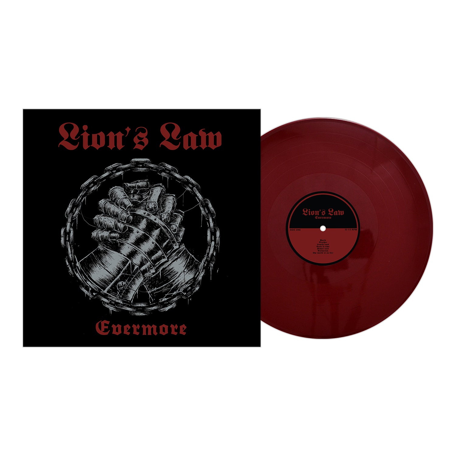 A dark red vinyl record by Lions Law. The cover shows two armored hands clasped amid barbed wire, with the band name in red Old English font and the album title Evermore below.