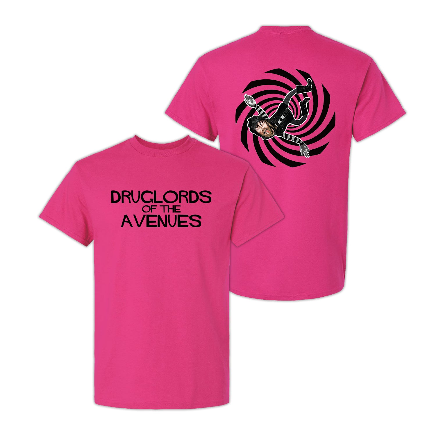 A bold Heliconia T-Shirt by Druglords of The Avenues with “DRUGLORDS OF THE AVENUES” in black on the front. The back features a figure in a black jacket and sunglasses spinning before a striking spiral design.