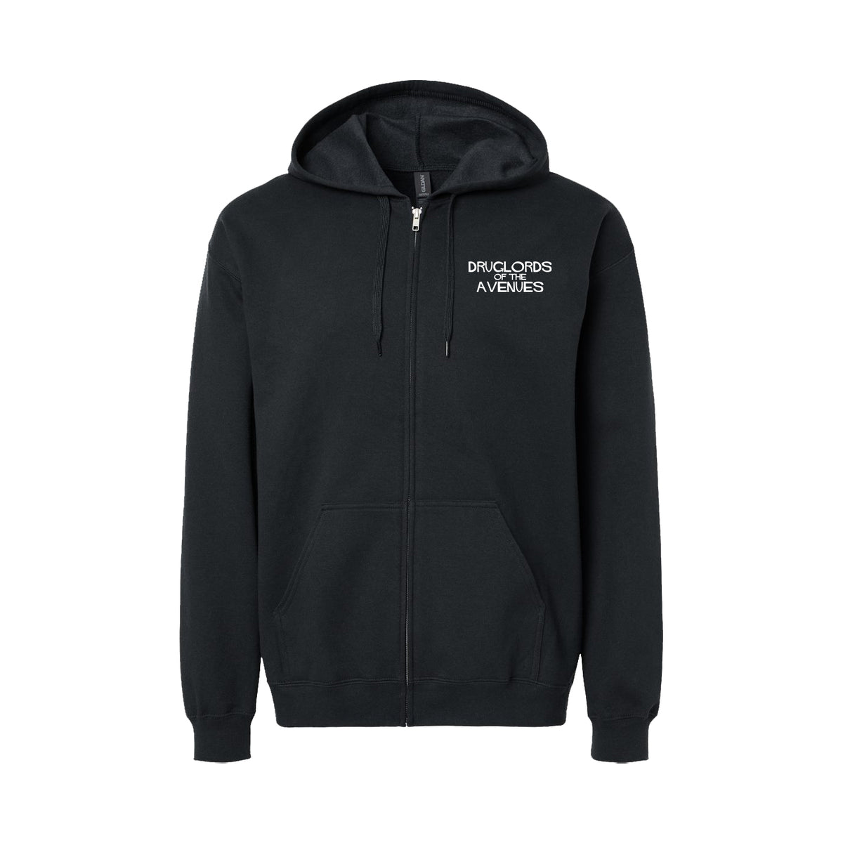 A black zip-up hoodie from Druglords of The Avenues with front pockets, a hood, and "DRUGLORDS AVENUES" in white on the left chest—an essential pick for fans.