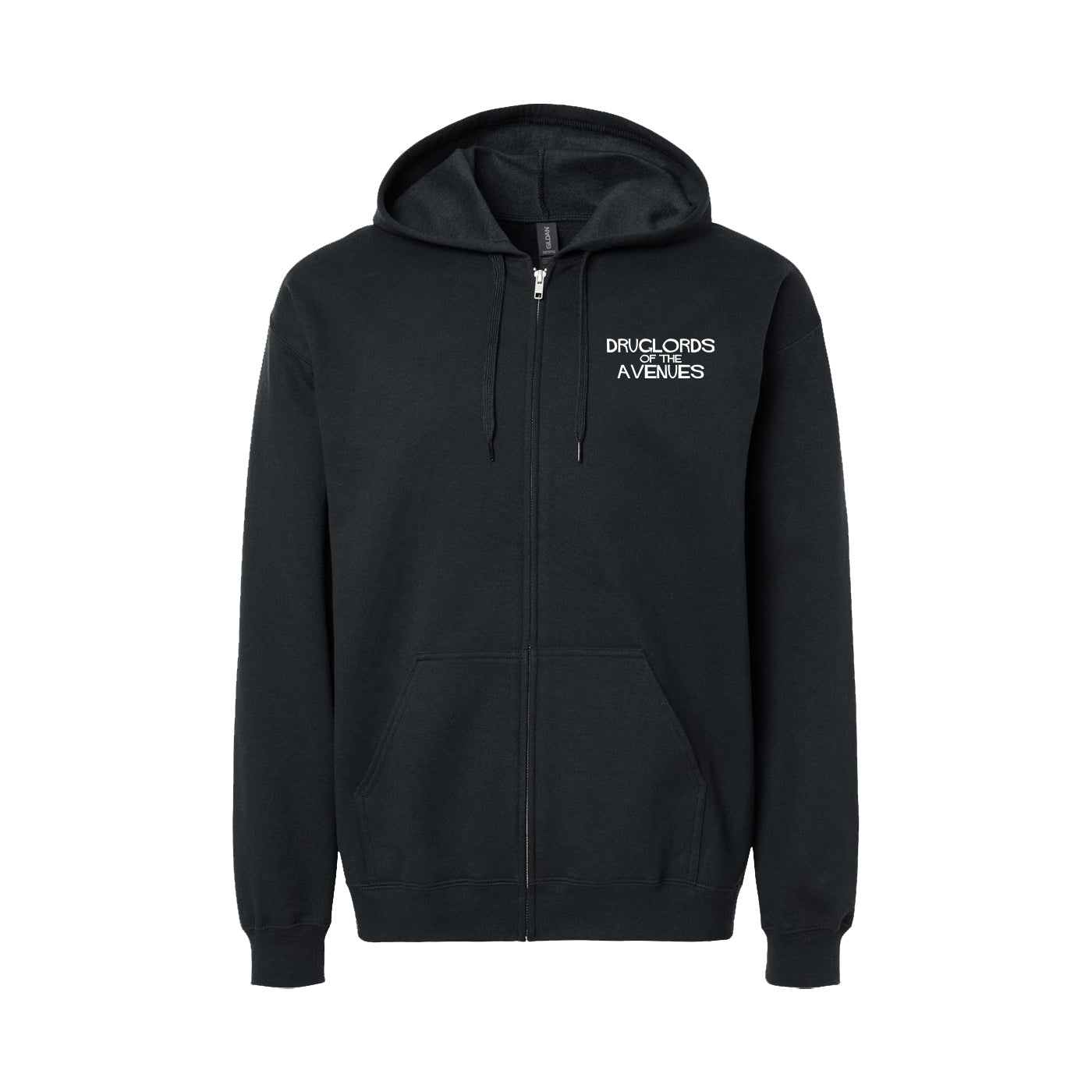 A black zip-up hoodie from Druglords of The Avenues with front pockets, a hood, and "DRUGLORDS AVENUES" in white on the left chest—an essential pick for fans.