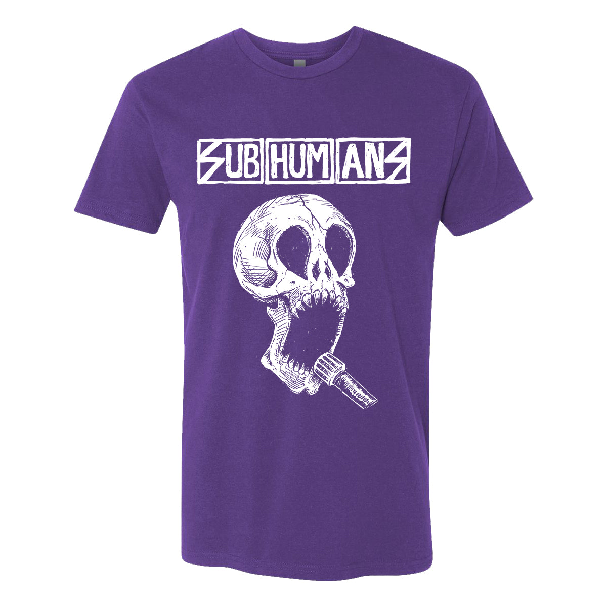A limited edition Subhumans purple punk t-shirt showcasing their iconic Skull logo above a bold graphic of a hand gripping a skull with a microphone emerging from its mouth.