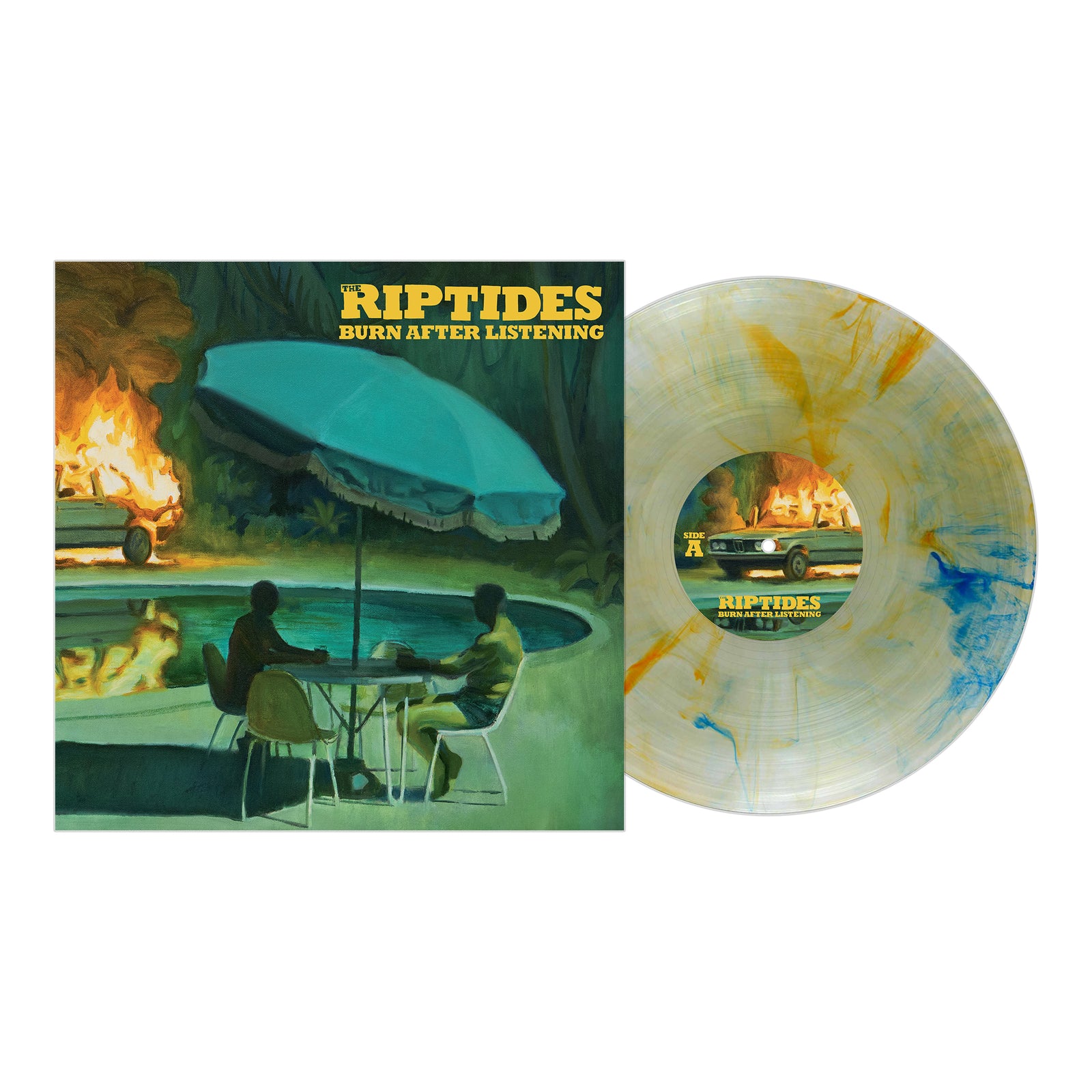 Yellow and blue marbled vinyl from The Riptides’ “Burn After Listening” album—cover shows two people by a pool with a burning car behind them. A must-have for poppy punk rock fans.