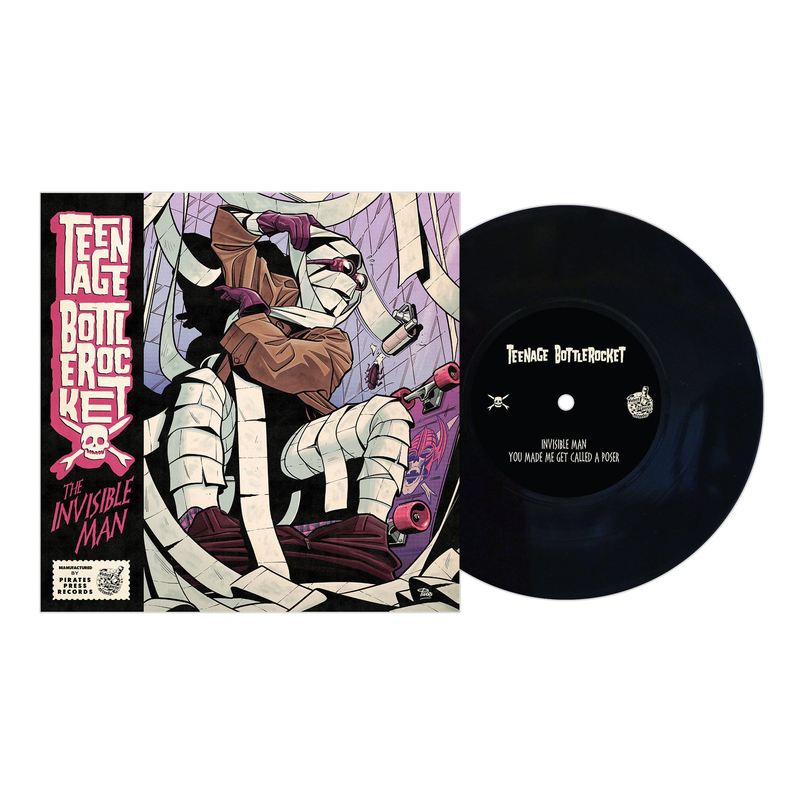 A vinyl record and cover for the Teenage Bottlerocket EP, The Invisible Man, featuring cartoon art of a bandaged figure on a chair with pink and white album title text, released by Pirates Press Records.