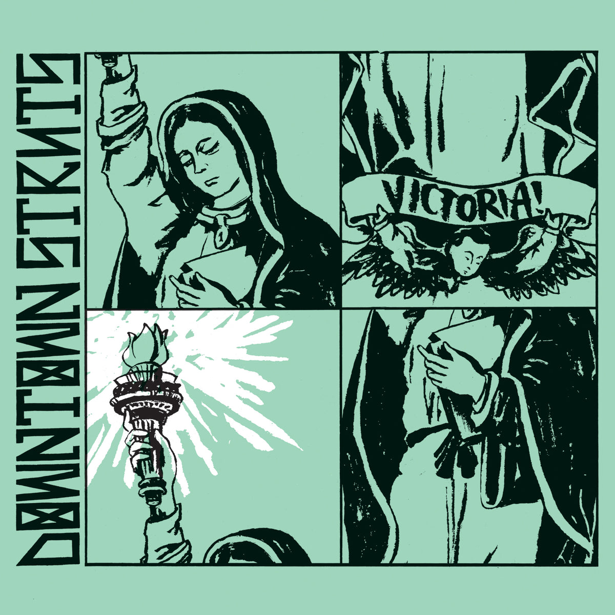 Four illustrated panels feature a woman raising her arm, a Victoria! banner with wings, the Statue of Liberty’s torch with rays, and her hand over her chest. Downtown Struts channels punk rock energy in Sail the Seas Dry.
