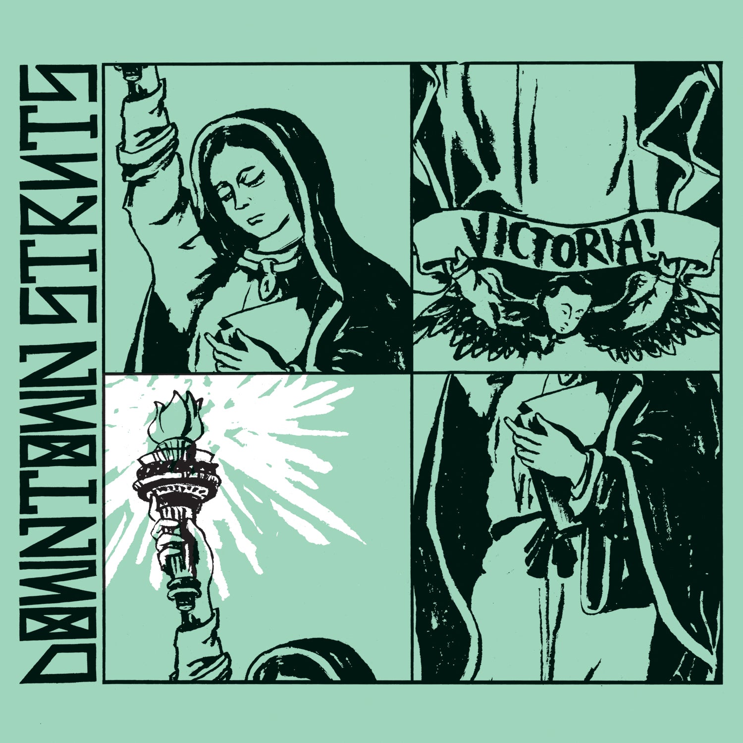 Four illustrated panels feature a woman raising her arm, a Victoria! banner with wings, the Statue of Liberty’s torch with rays, and her hand over her chest. Downtown Struts channels punk rock energy in Sail the Seas Dry.