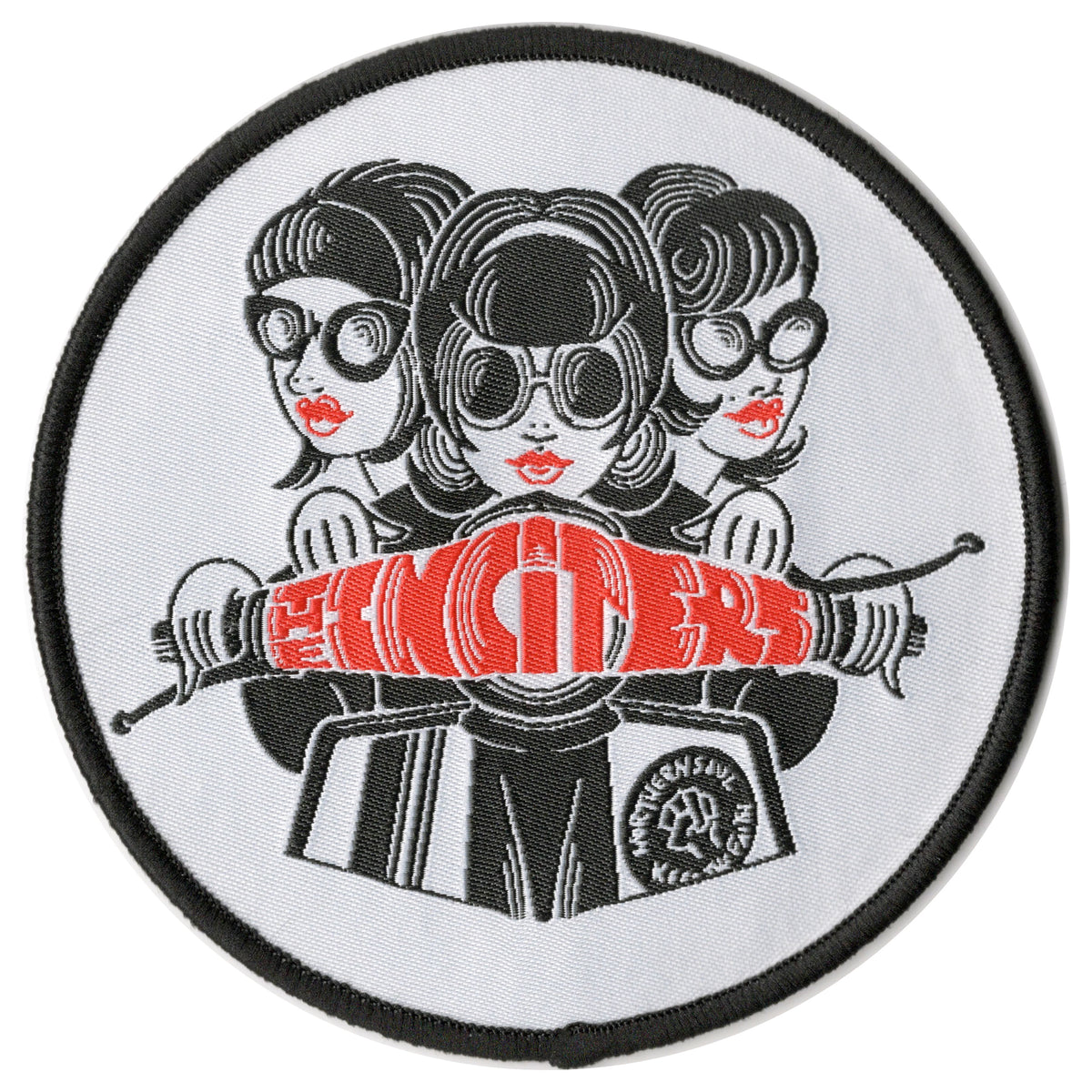 The Inciters embroidered Three Girls patch features women with glasses and red lips, holding knitting needles and a red scarf labeled “FINGERS,” plus a small “Makersville” logo at the bottom right.