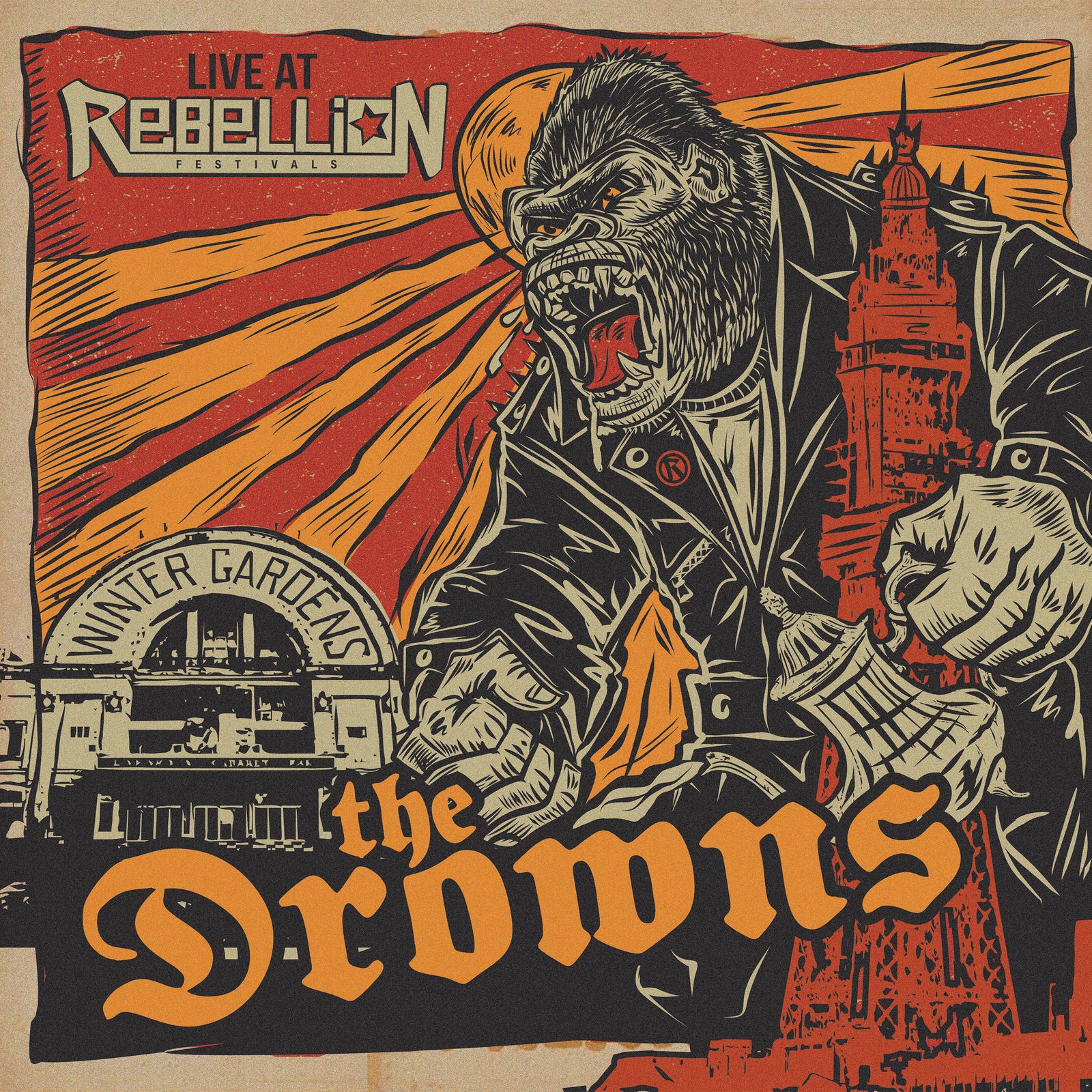 Vibrant poster of a roaring gorilla in a leather jacket with microphone, cityscape and sunburst background. Text: “The Drowns – Live at Rebellion Festival,” “Winter Gardens,” and “Live Album.”.