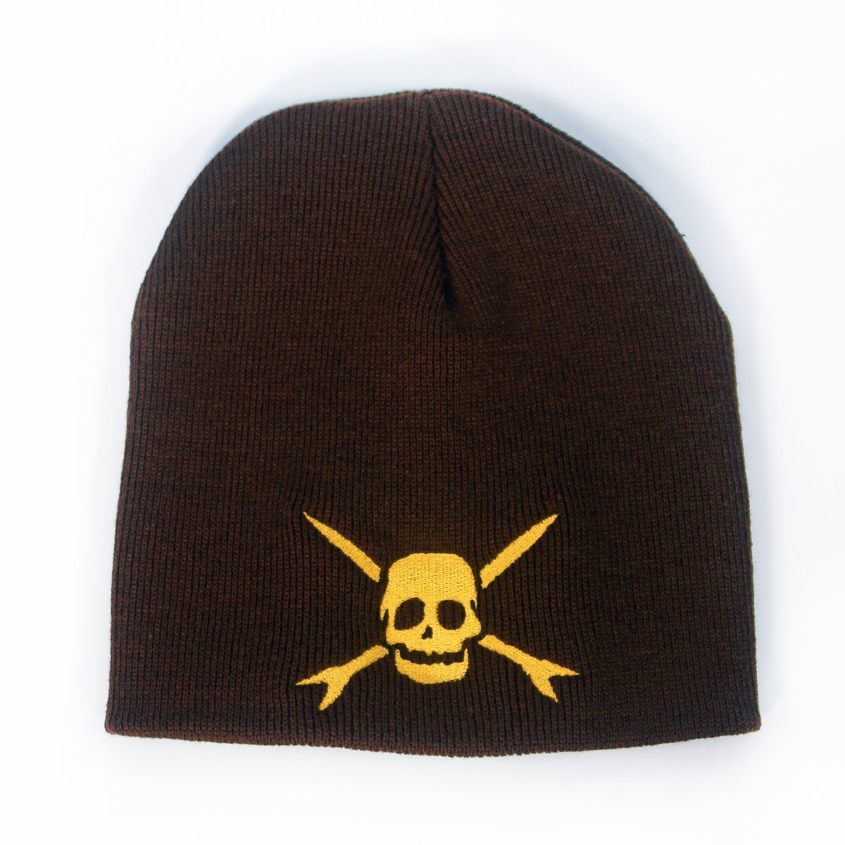 A brown beanie from Teenage Bottlerocket featuring their skull and crossbones logo on the front.