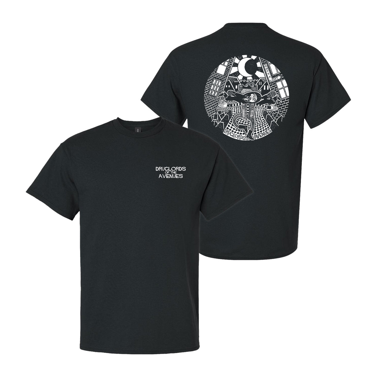 Black T-shirt shown front and back. The front has small white "DRUG CHURCH AVENUES" text on the left chest; the back displays a large white snake entwined with buildings and a crescent moon—signature Druglords of The Avenues style.