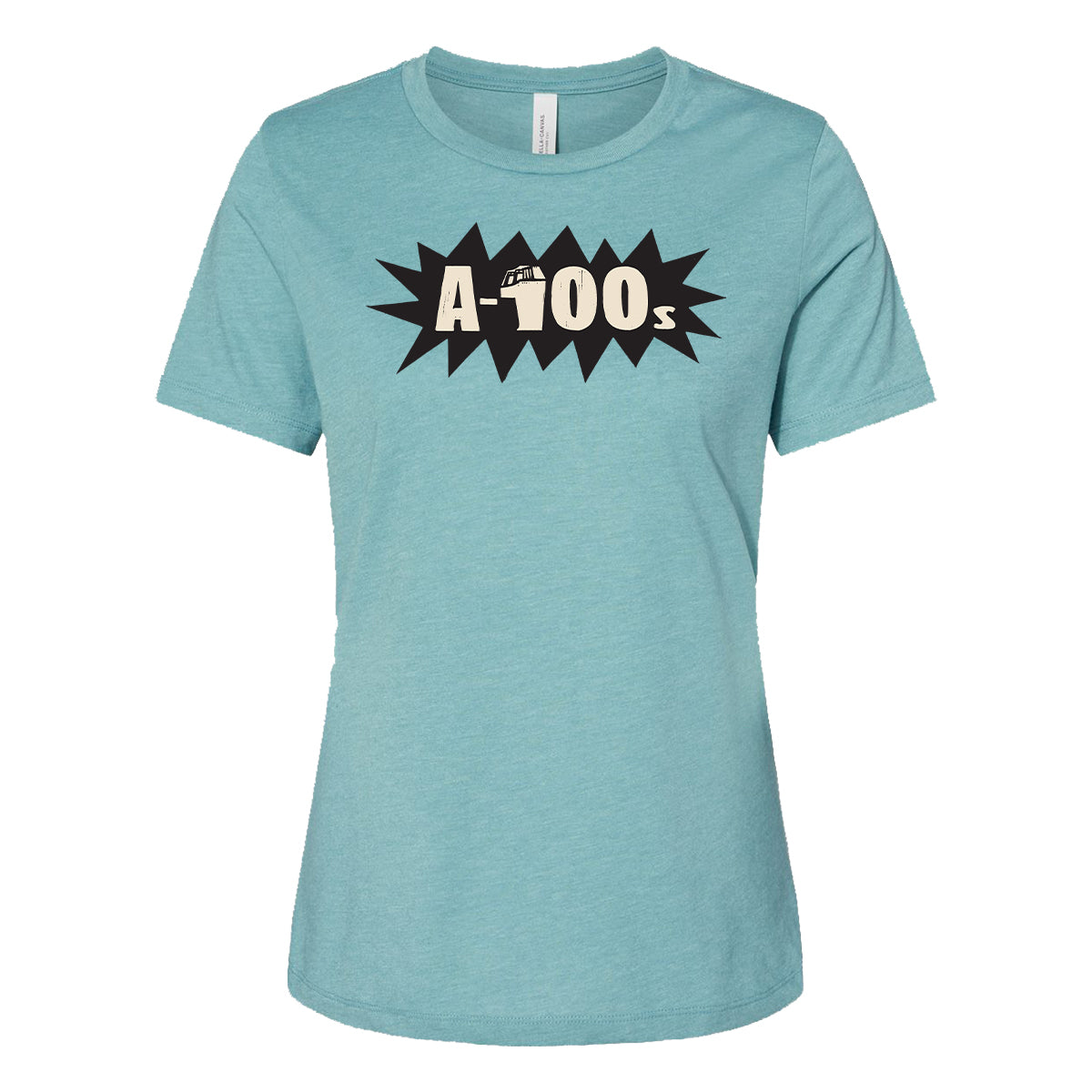 Heather Blue Lagoon relaxed fit tee by A-100s, featuring a bold cream A-100s logo in a comic-style black burst graphic on the chest.