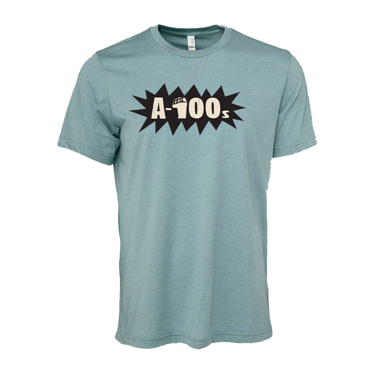 Heather Blue Lagoon A-100s t-shirt (Bella + Canvas 3001CVC) with a bold black starburst graphic and classic retro-style white and beige A-100s logo on the chest.