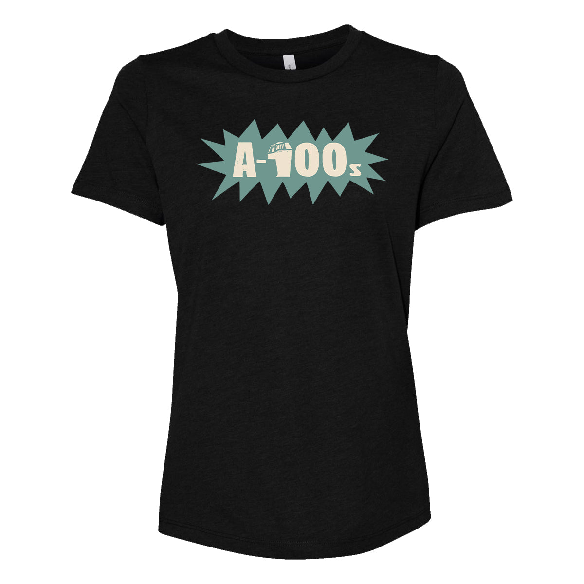 Black A-100s Bella + Canvas 6400CVC t-shirt featuring a sage green burst, bold cream “A-100s” chest logo, and a small illustrated cassette tape above the “A.”.
