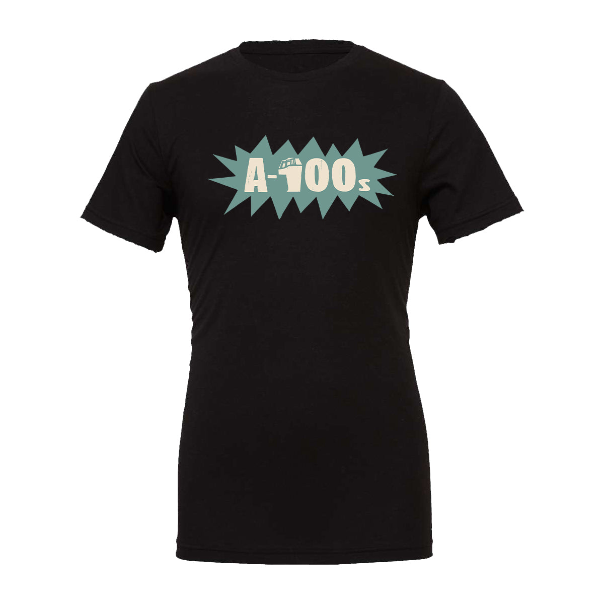 An A-100s black T-shirt with a comic-style burst graphic on the chest and the A-100s logo in bold, light-colored letters.
