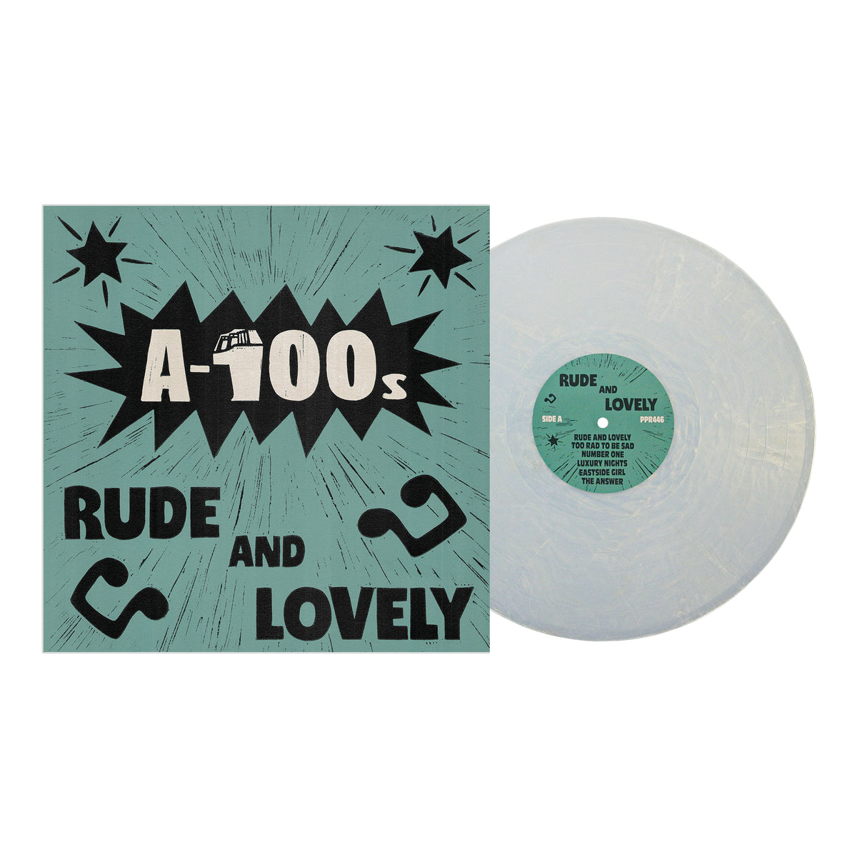 A teal and black album cover for A-100s' ska reggae album "Rude and Lovely" comes with a clear marbled vinyl from Pirates Press Records, featuring a green center label, white car illustration, and the title "Rude and Lovely.