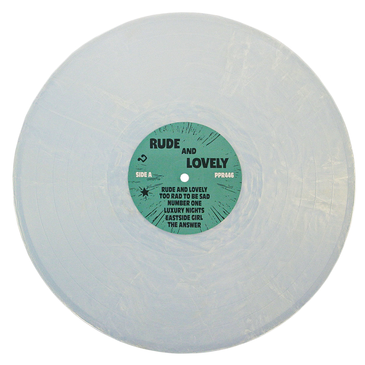 A translucent vinyl from ska reggae band A-100s, featuring a green center label reading "Rude and Lovely, Side A," with songs like "Rude and Lovely," "Too Bad to Be Sad," and "Number One" from their debut album.