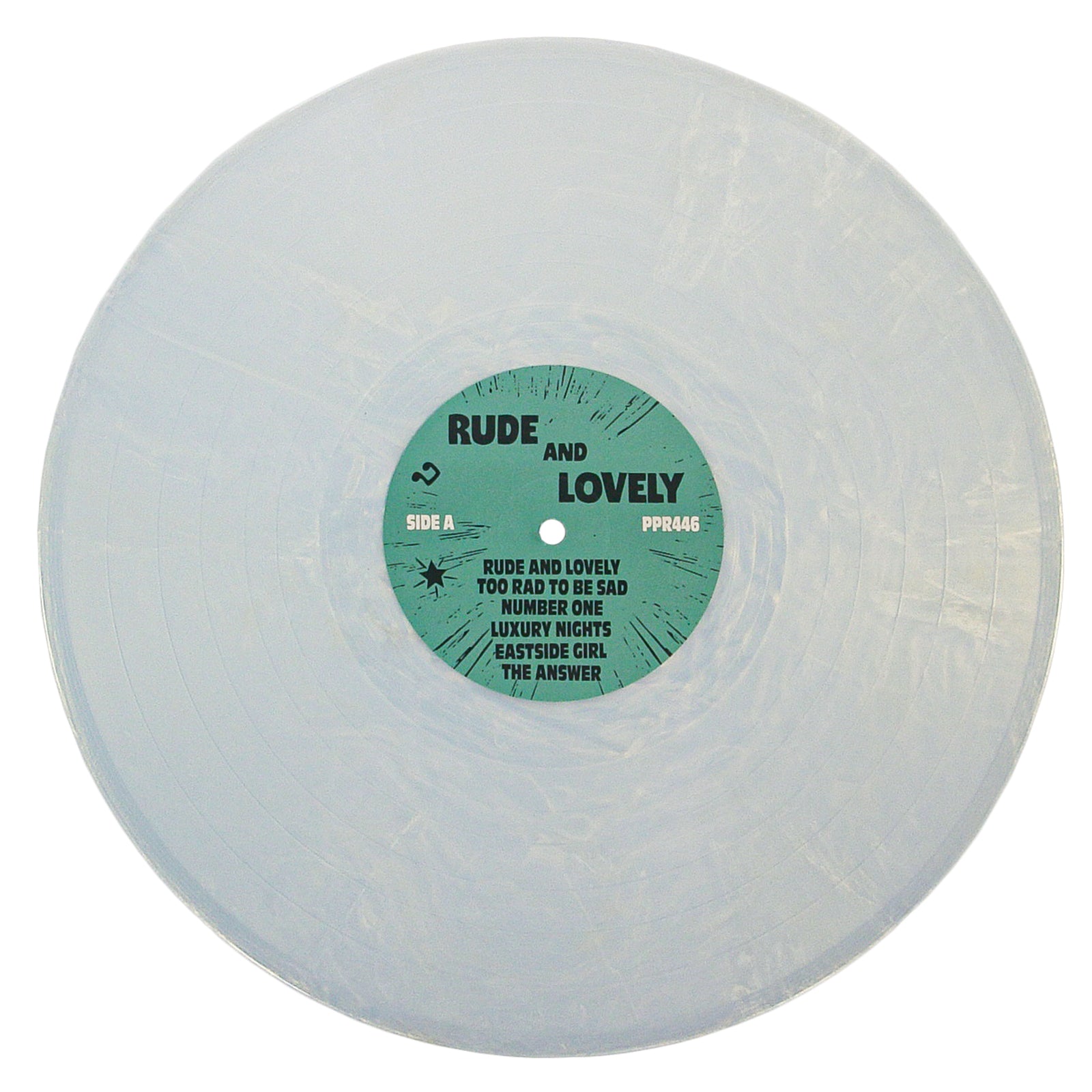 A translucent vinyl from ska reggae band A-100s, featuring a green center label reading "Rude and Lovely, Side A," with songs like "Rude and Lovely," "Too Bad to Be Sad," and "Number One" from their debut album.