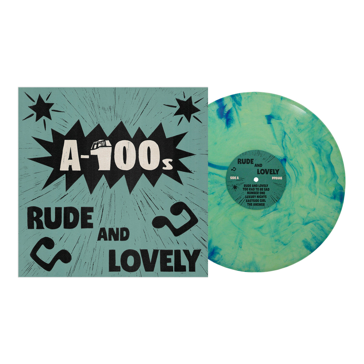 A-100s vinyl record with a green and blue marbled pattern is partially pulled out of its light blue sleeve featuring black text, starburst and phone graphics, and a ska-inspired design.