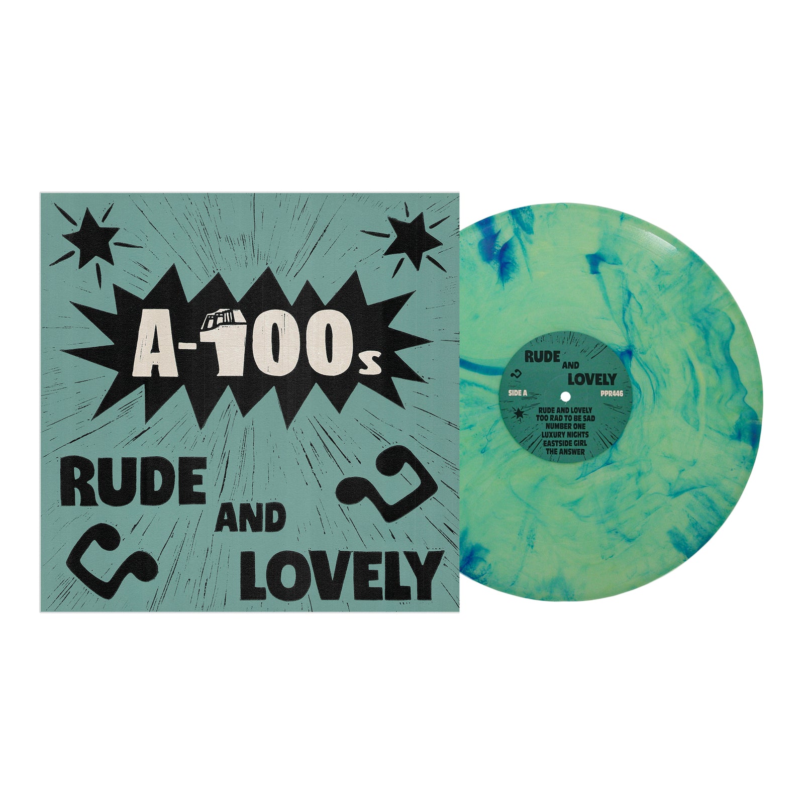 A-100s vinyl record with a green and blue marbled pattern is partially pulled out of its light blue sleeve featuring black text, starburst and phone graphics, and a ska-inspired design.
