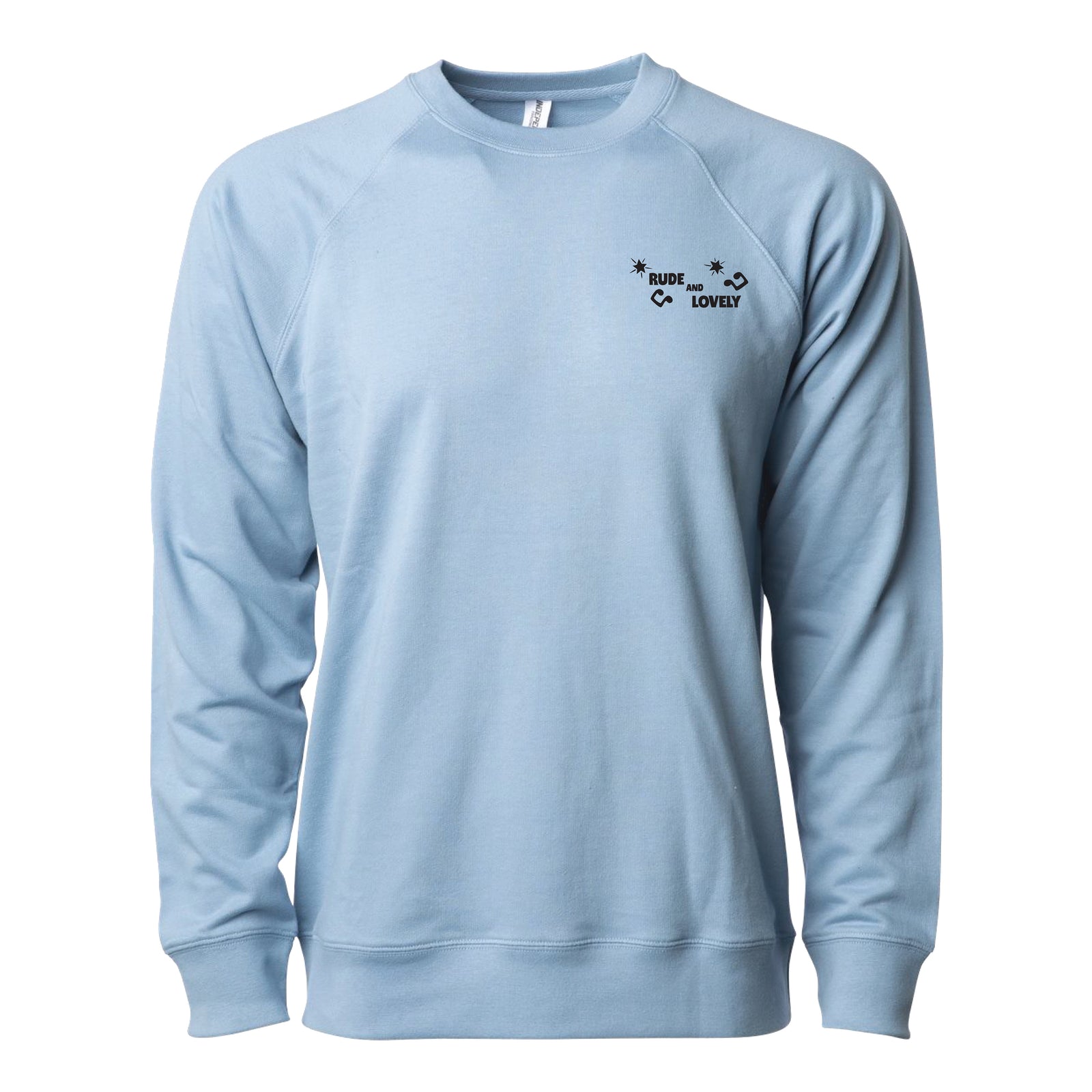 A-100s Misty Blue unisex crewneck sweatshirt with long sleeves. Features a small black "RUDE BUT LOVELY" graphic, two stars, and a curved arrow on the left chest. Lightweight and versatile with a plain white background.