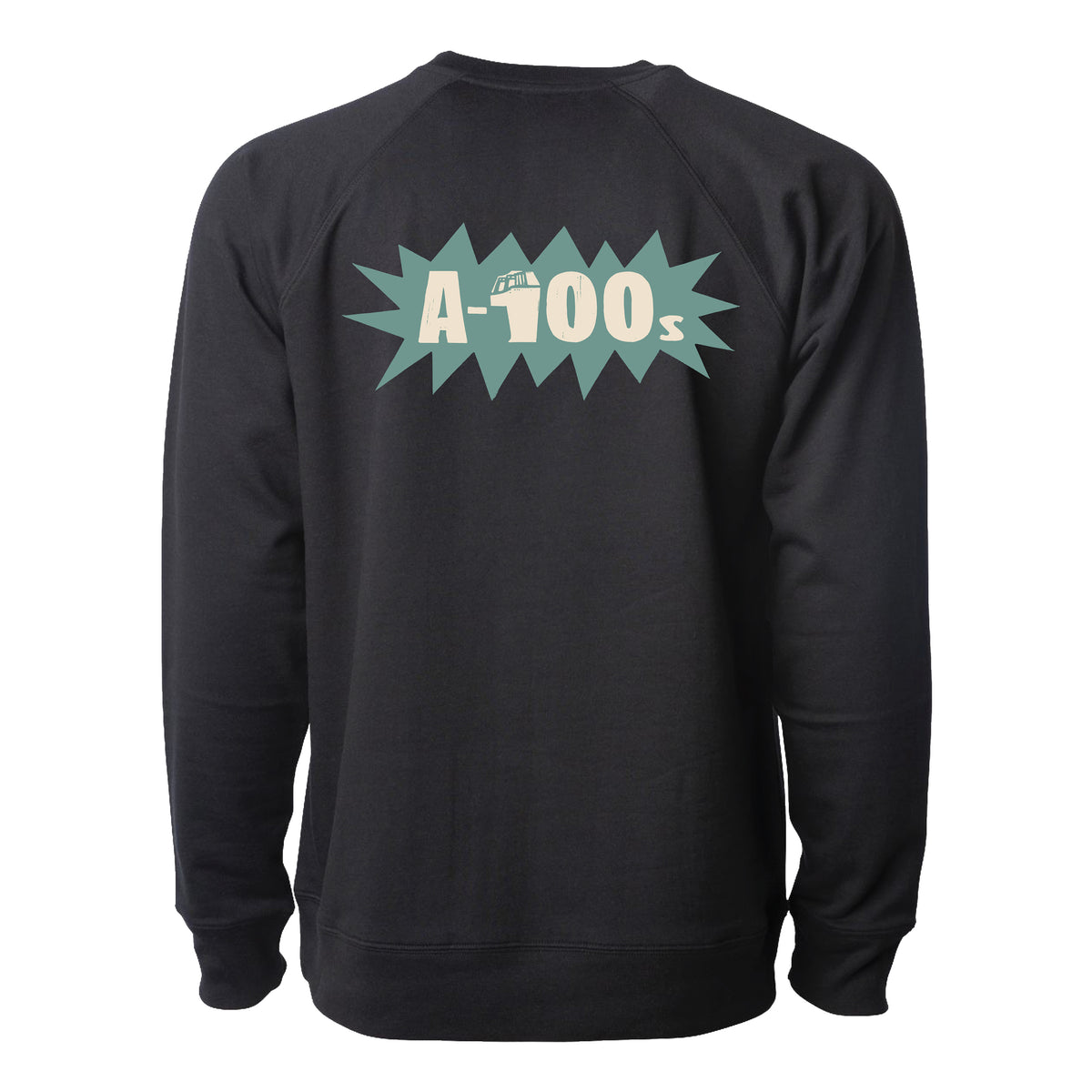 A black A-100s unisex crewneck sweatshirt shown from the back, featuring a retro-style graphic with “A-100s” in light colors inside a starburst shape.