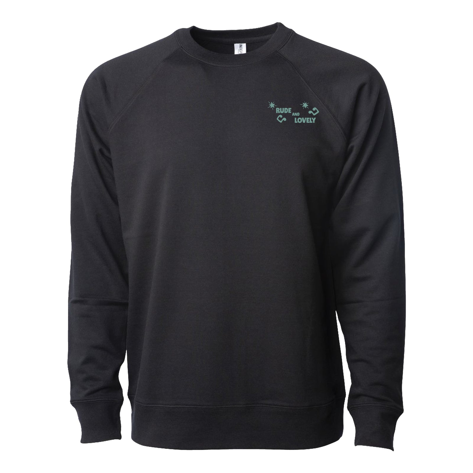 A-100s unisex crewneck sweatshirt in plain black, featuring a small green "RUDE ... LOVELY" graphic with star and squiggle details on the left chest.