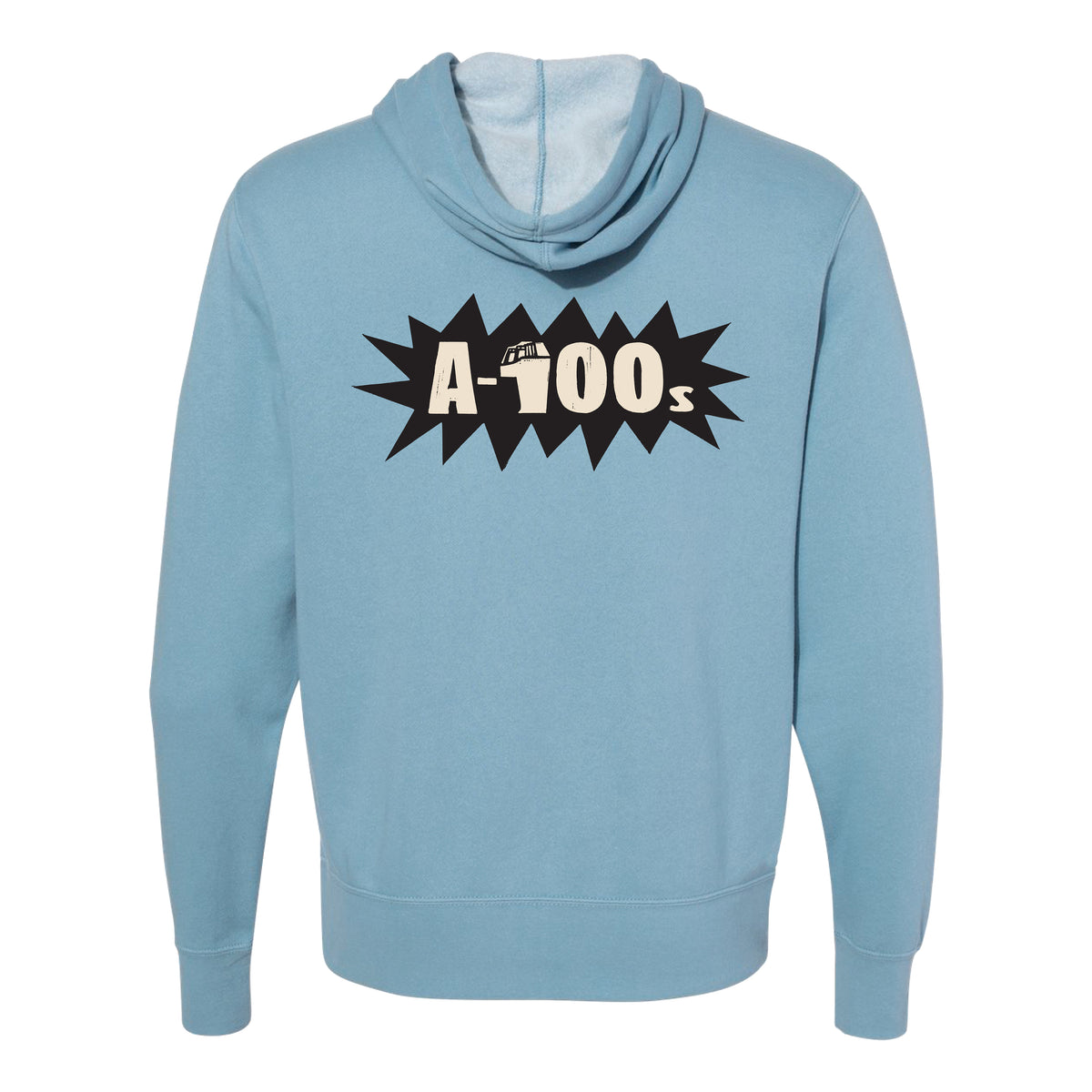 A Misty Blue A-100s hooded sweatshirt shown from the back, featuring a black comic-style burst and bold white A-100s branding across the upper back.