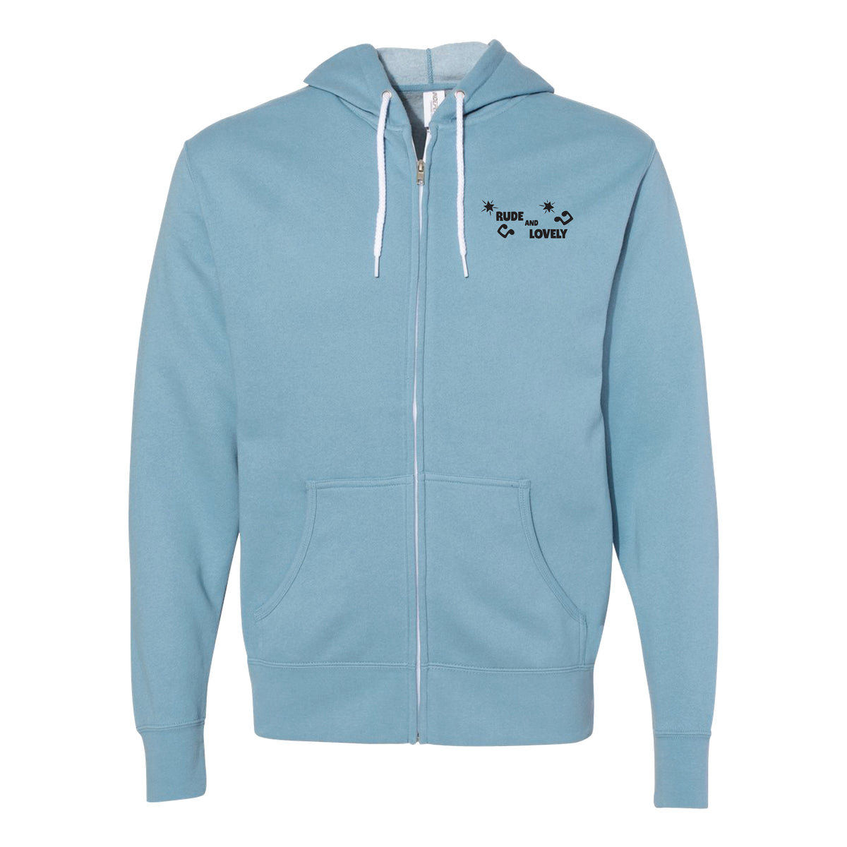 A-100s Misty Blue unisex zip-up hoodie with white drawstrings and two front pockets. Features small black "RUDE" and "LOVELY" text on the left chest, accented by arrows and star-like symbols—a stylish choice.