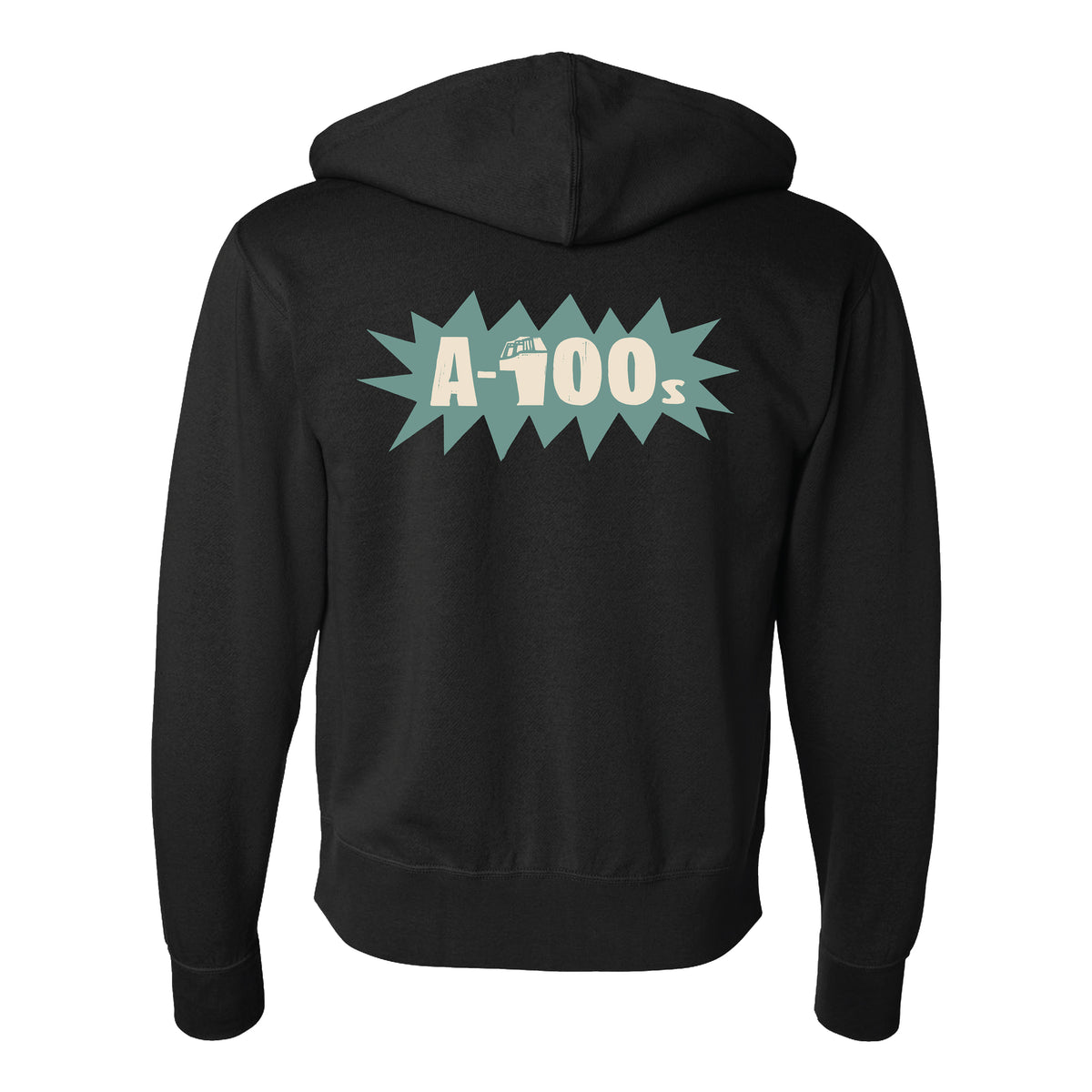 The A-100s black hoodie features a bold back graphic with jagged teal shapes and large off-white text. This unisex zip-up sweatshirt delivers standout style and comfort from the A-100s brand.