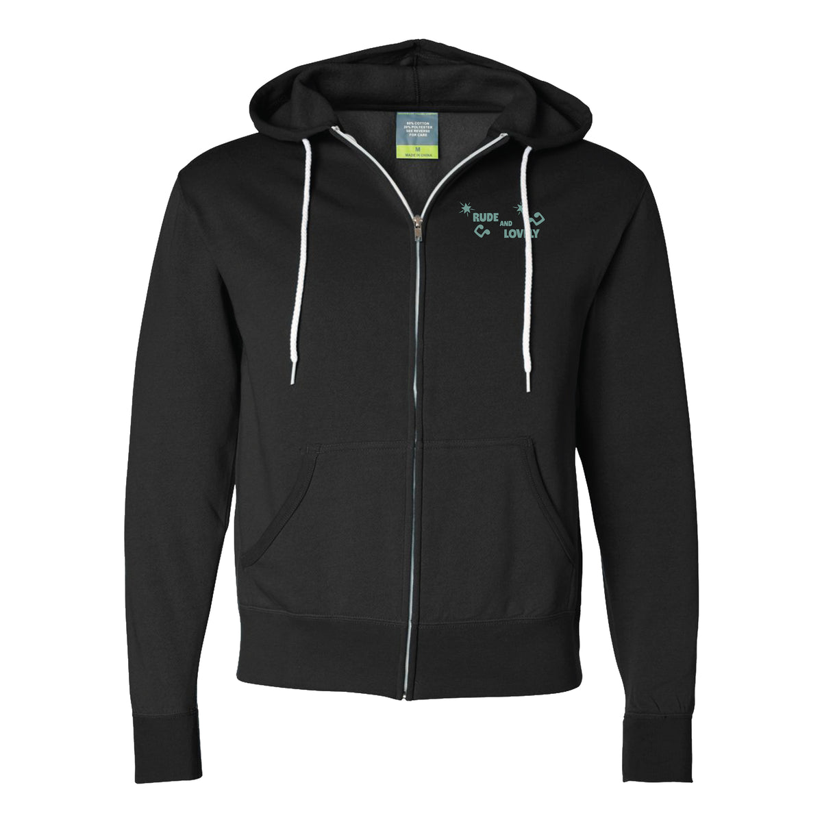 A black unisex zip-up sweatshirt from A-100s features white drawstrings, front pockets, and a small white graphic with "RUDE" and "LOVELY" on the left chest. Shown on a plain white background.