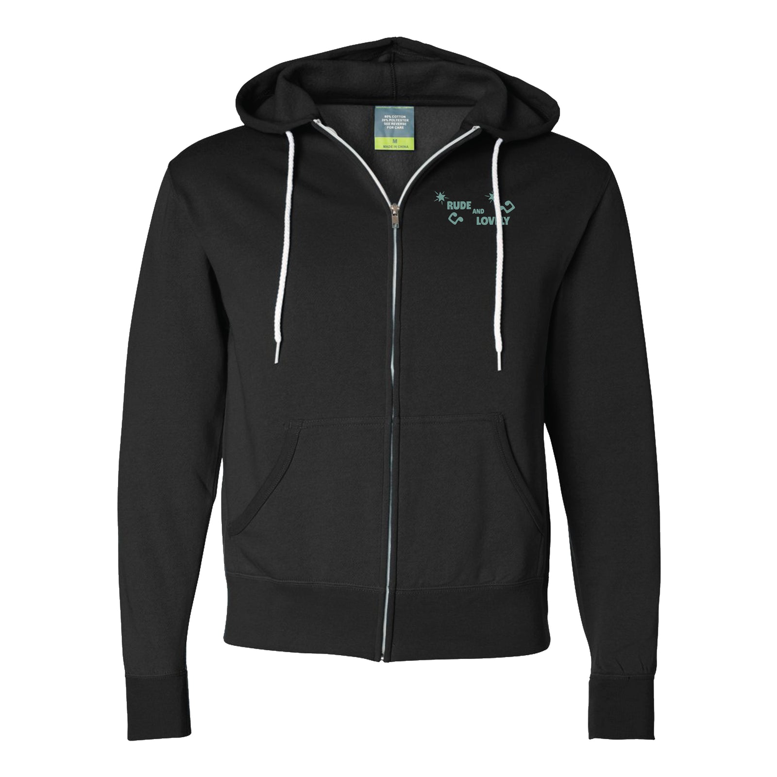 A black unisex zip-up sweatshirt from A-100s features white drawstrings, front pockets, and a small white graphic with "RUDE" and "LOVELY" on the left chest. Shown on a plain white background.