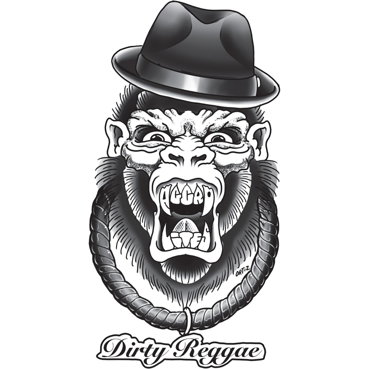 Black and white illustration of a fierce monkey in a fedora and chain with The Aggrolites stylized inside its open mouth. Dirty Reggae appears below. Great as an Ape vinyl or 3x4 sticker for your collection.