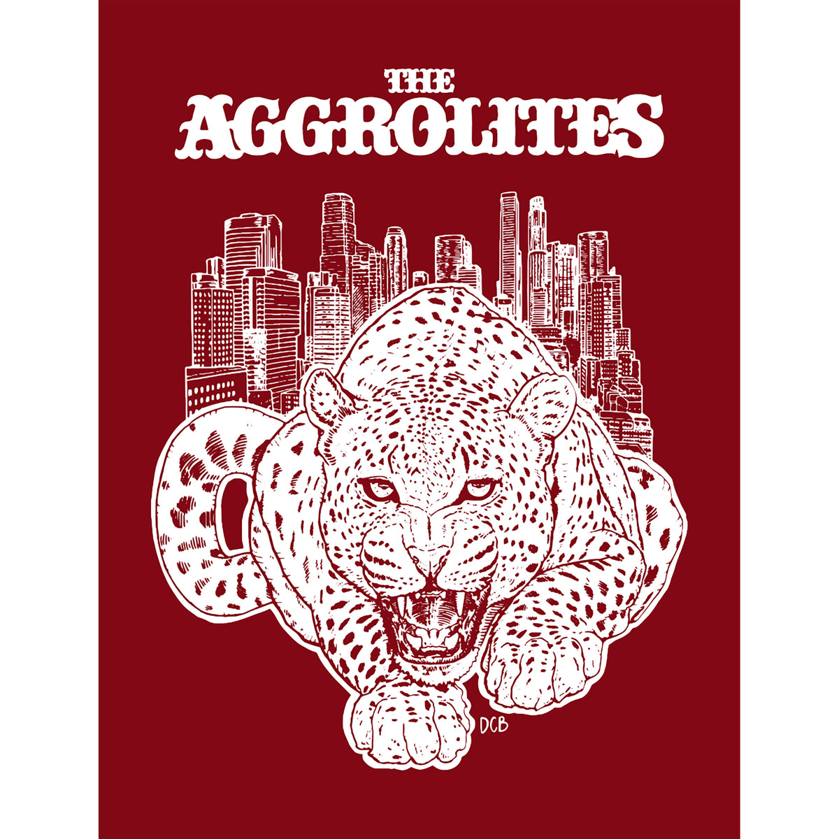 A snarling leopard crouches before a city skyline with “The Aggrolites” in bold white text above on dark red—an ideal vinyl sticker for fans of The Aggrolites.