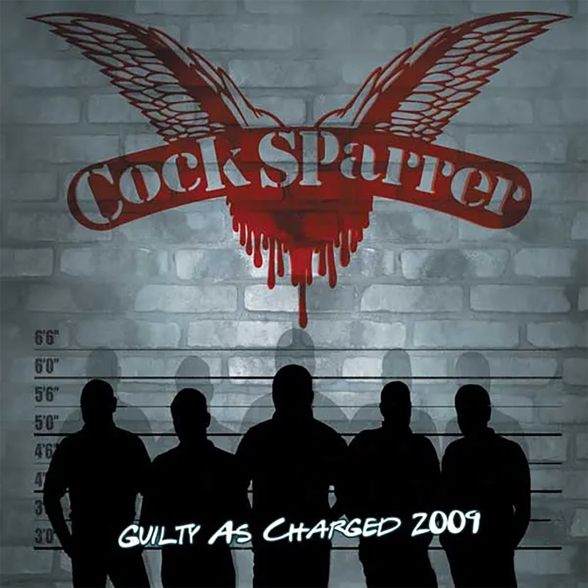 Five people stand in front of a police lineup wall beneath a red, winged Cock Sparrer logo with dripping paint. Text at the bottom reads Guilty As Charged 2009, referencing their iconic album and showcasing the gritty attitude fans love. This image captures the rebellious energy seen on releases like the Runaway Johnny EP.