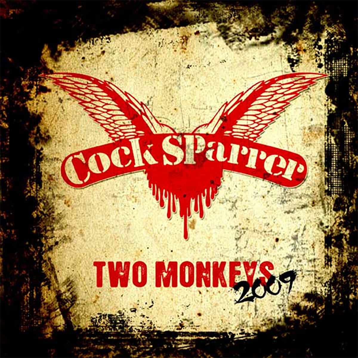 Distressed album cover for Cock Sparrer’s Two Monkeys remixed album, showing red wings and text on a grungy beige background, with 2009 handwritten in black.