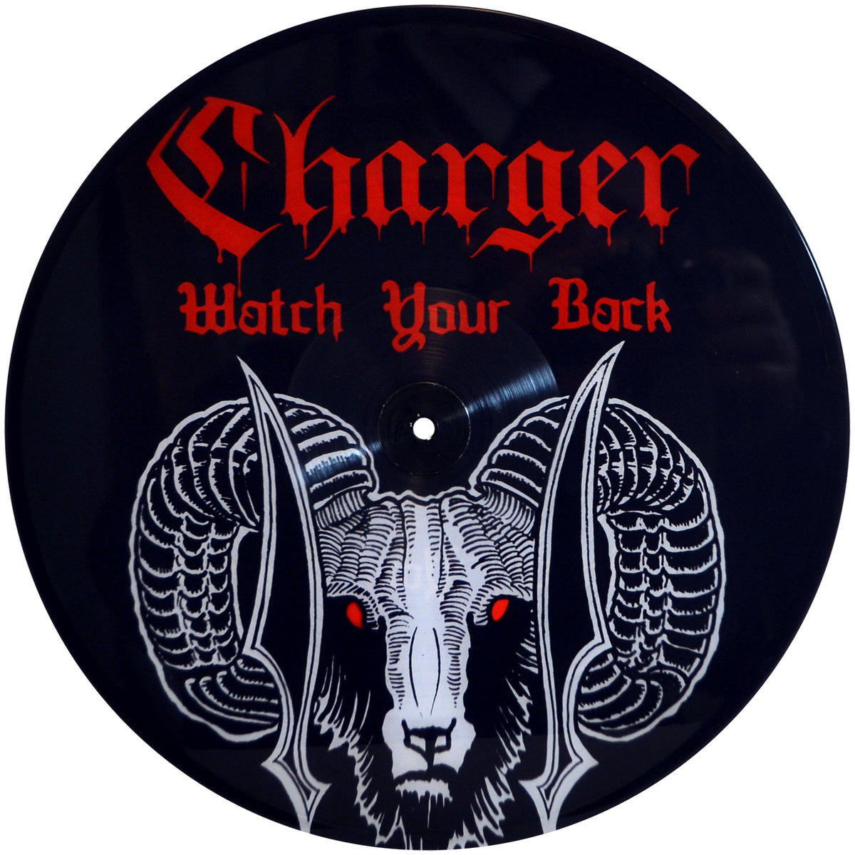 A Charger vinyl shows a rams head with big, curved horns in black and white. Above it, &quot;Charger&quot; and the song &quot;Watch Your Back&quot; appear in bold red Gothic text.