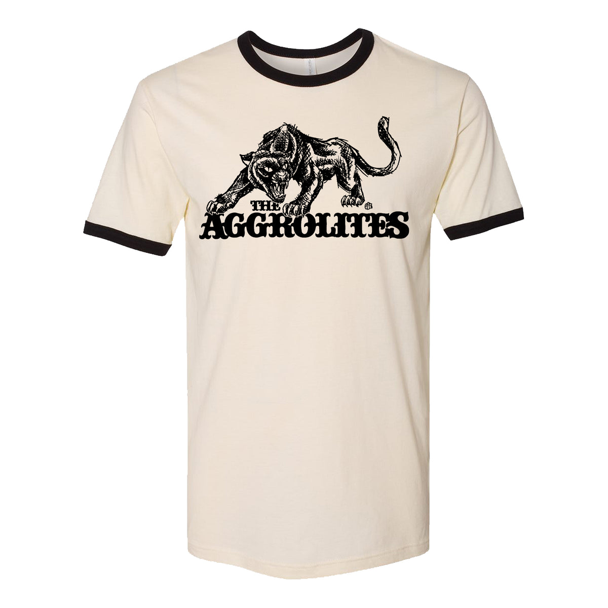 Cream-hued unisex cotton ringer tee from The Aggrolites with black collar and sleeve bands, showcasing the Aggropanther above "The Aggrolites" in bold, distressed letters.