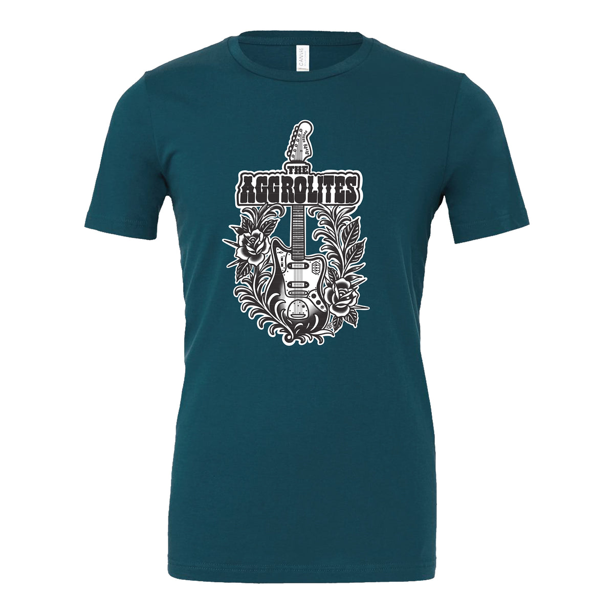 The Aggrolites Bella Canvas 3001 teal t-shirt features a black and white electric guitar with flowers and leaves, plus “The Aggrolites” text above the graphic.