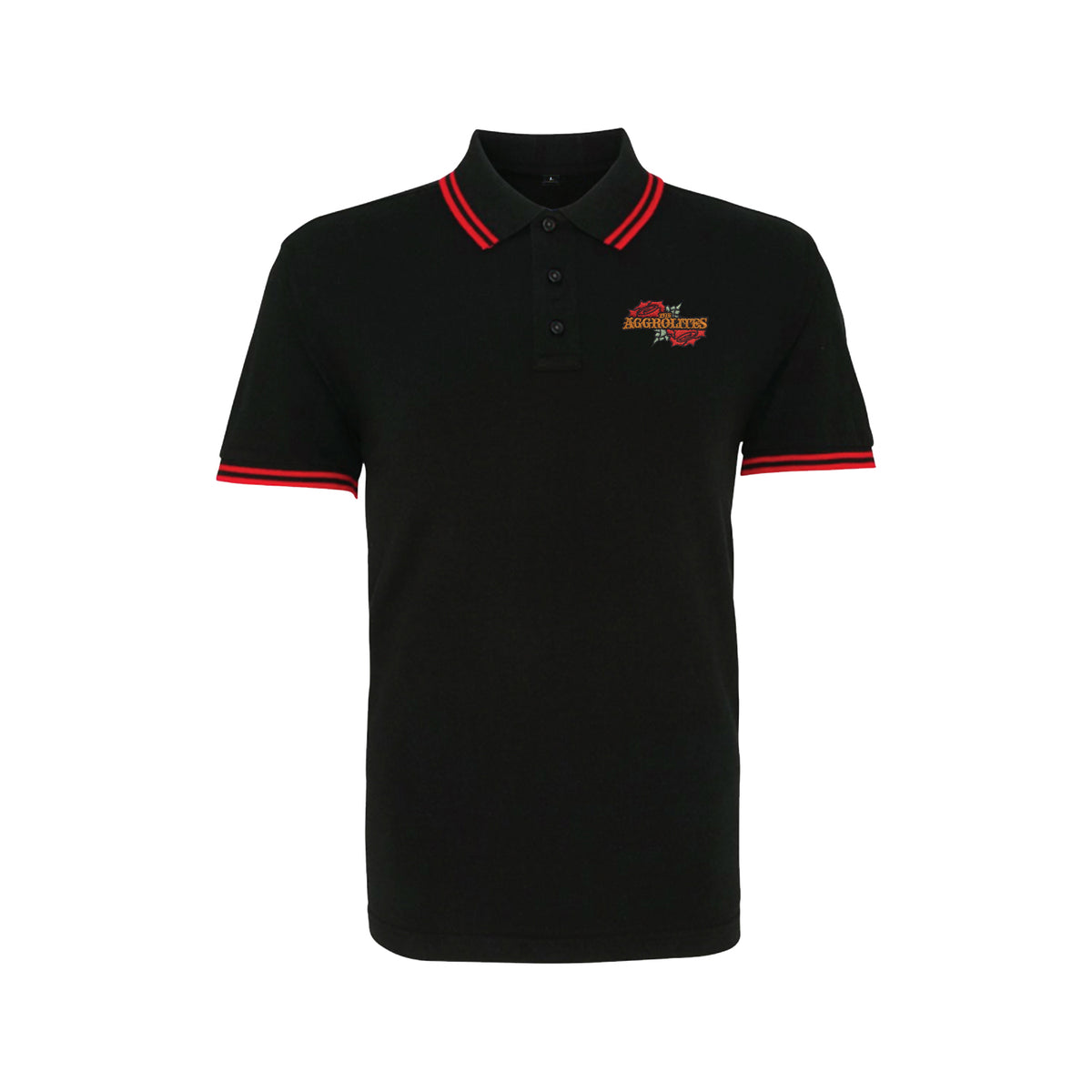 A unisex black polo shirt by The Aggrolites with red and white striped collar and sleeves, featuring an embroidered Aggrolites logo with text and graphic on the left chest.