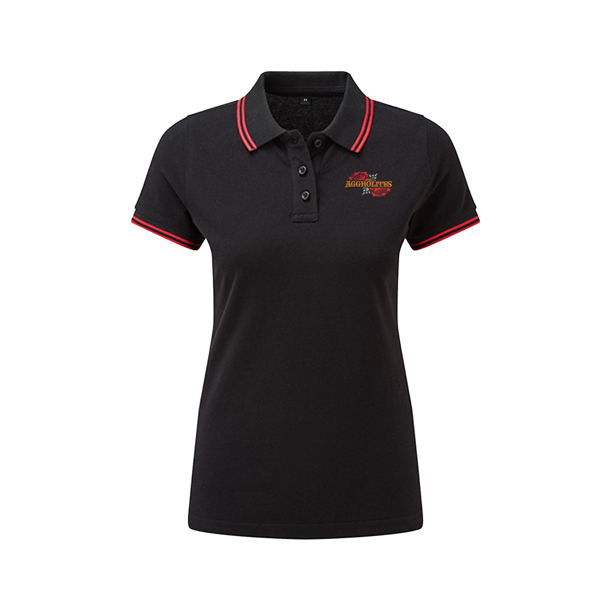 A black women&#39;s fitted polo shirt from The Aggrolites, with red trim on the collar and sleeves, and a small embroidered Aggrolites logo on the left chest.