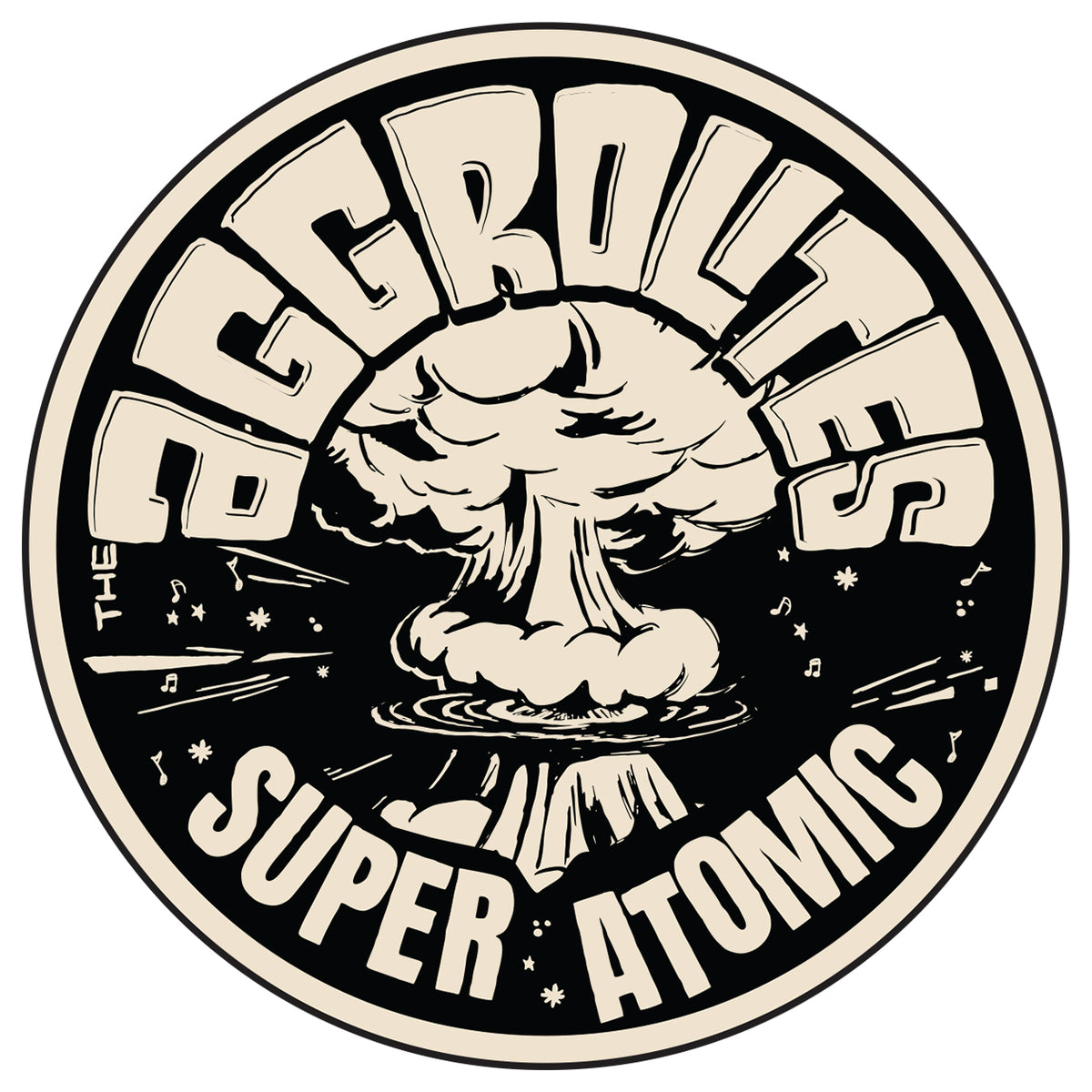 The Aggrolites enamel pin features the words "The Aggrolites Super Atomic" around a large mushroom cloud reflected in water, all in a beige and black 2-color design.