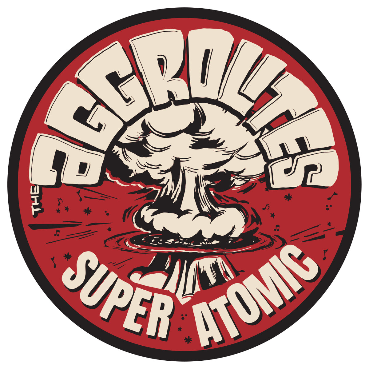 A circular logo features a stylized mushroom cloud at center, with THE AGGROLITES in bold, vintage-style letters above and SUPER ATOMIC below on a red background—ideal for pre-ordering The Aggrolites enamel pin.