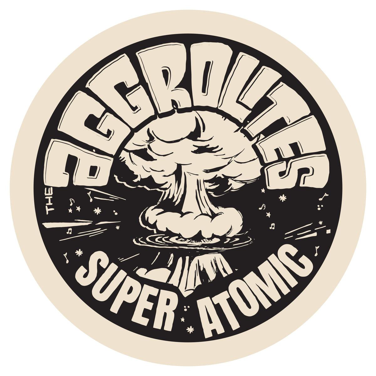 A retro black-and-beige circular vinyl sticker by The Aggrolites, featuring bold atomic explosion art with "The Aggrolites" at the top and "Super Atomic" at the bottom.