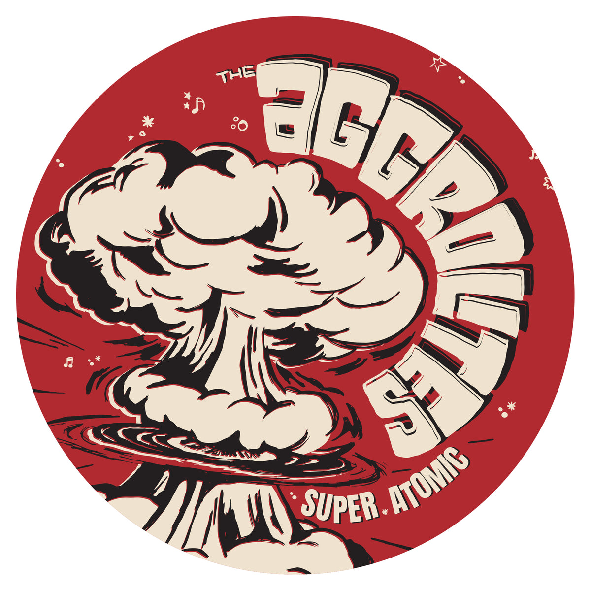 A mushroom cloud with "The Aggrolites" curved above and "Super Atomic" below appears on this 3-inch red vinyl sticker, adorned with stars and musical notes.